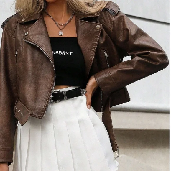 Luxe Vegan Leather Zip up Cropped Moto Biker Jacket